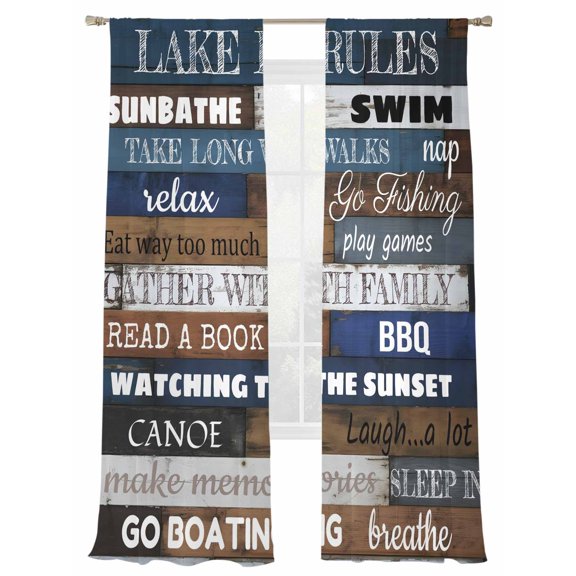Retro Wood Texture Sheer Curtains 2 Panels Set Lake Rules Swimming Boating Blue Brown Plank Sheer Window Curtains Light Filtering Rod Pocket Voile Drapes for Bedroom Living Room 52"X96"