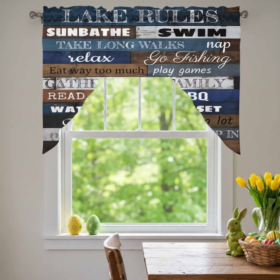 Retro Wood Texture Swag Valances for Kitchen Window, Lake Rules Swimming Boating Blue Brown Plank Small Swag Valances Rod Pocket Curtain Drapes Window Treatment for Bedroom Bathroom, 56x36 Inch