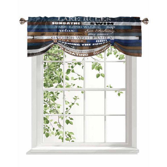 Retro Wood Texture Tie Up Valances Curtain, Lake Rules Swimming Boating Blue Brown Plank Adjustable Rod Pocket Window Treatment Short Tie Up Curtains Valances for Kitchen Bathroom 42x12 Inches