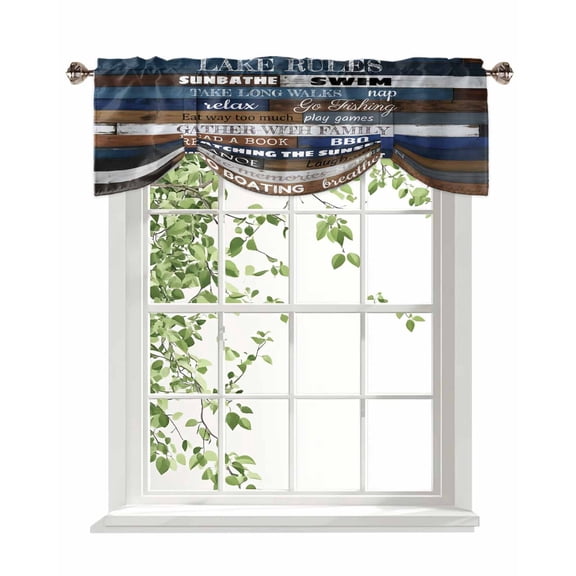 Retro Wood Texture Tie Up Valances Curtain, Lake Rules Swimming Boating Blue Brown Plank Kitchen Valances for Windows Decor, Rod Pocket Short Curtains Set for Bedroom/Bathroom, 42"x12"