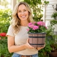 thumbnail image 1 of Retro Wood Whiskey Barrel Planter 12 Inch with Bottom Drainage Holes, Outdoor Flower Pots, Large Flower Pots Outdoor Clearance, Wood-Look Whiskey Barrel Planter for Garden Decor, 1 of 7
