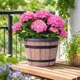 thumbnail image 1 of Retro Wood Whiskey Barrel Planter 13.78 Inch with Bottom Drainage Holes, Plant Pots Indoor with Drainage, Flower Pots Outdoor Clearance, Wood-Look Large Flower Pots for Patio Greenery, 1 of 7