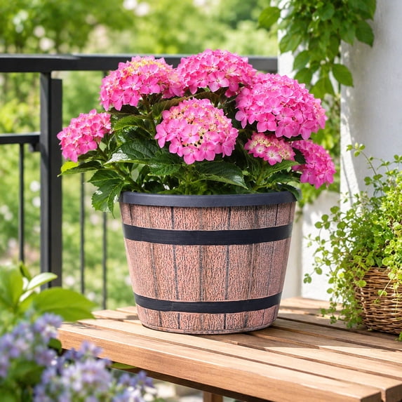 Retro Wood Whiskey Barrel Planter 13.78 Inch with Bottom Drainage Holes, Plant Pots Indoor with Drainage, Flower Pots Outdoor Clearance, Wood-Look Large Flower Pots for Patio Greenery