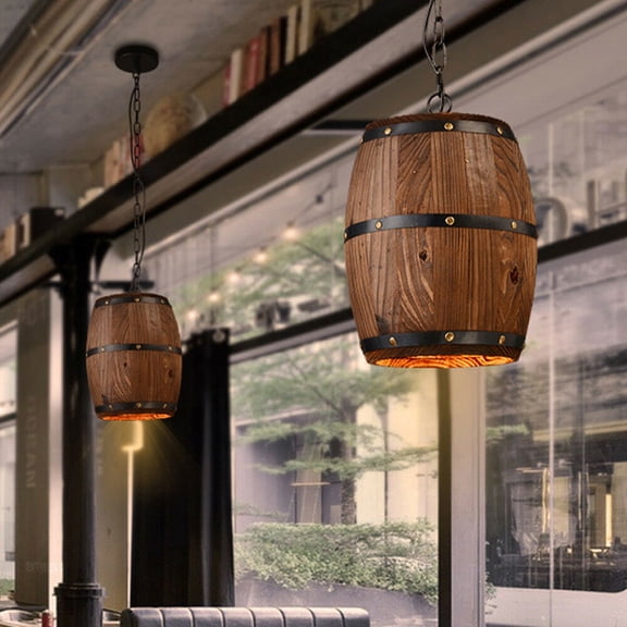 Retro Wood Wine Barrel Pendant Light Fixture Hanging Decor Rustic Unique Kitchen Bar Ceiling Lamp Chandelier Light Fixtures for Bar Cafe Home
