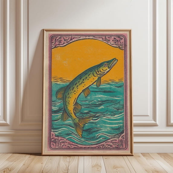 Retro Woodblock Pike Vintage Teal and Golden Yellow Nature Art Print, Unframed Paper Poster 11x14in