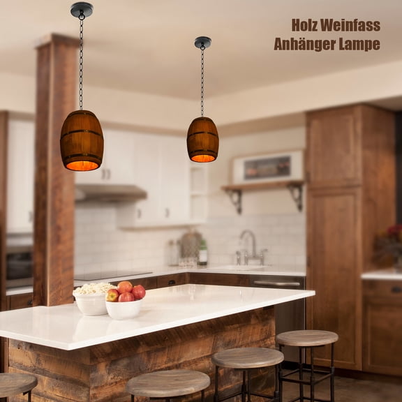Retro Wooden Barrel Ceiling Pendant Light, Home Bar Indoor Hanging Fixture