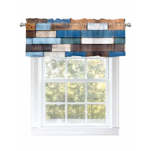 Retro Wooden Block Curtain Valances for Windows, Vintage Rustic Abstract Wood Kitchen Valance Window Treatment, Light Filtering Block Curtains for Bathroom/Bedroom/Living Room 42'' x 18''
