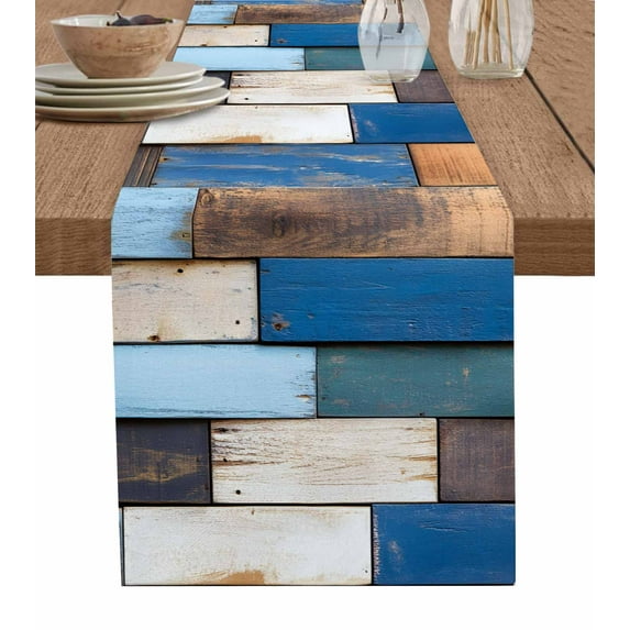 Retro Wooden Block Table Runner Cotton Linen 72 Inch Holiday Dresser Scarves, Vintage Rustic Abstract Wood Tablerunner for Kitchen Coffee Dining Bedroom Home Living Room Dinner Scarf Décor 13''x72''
