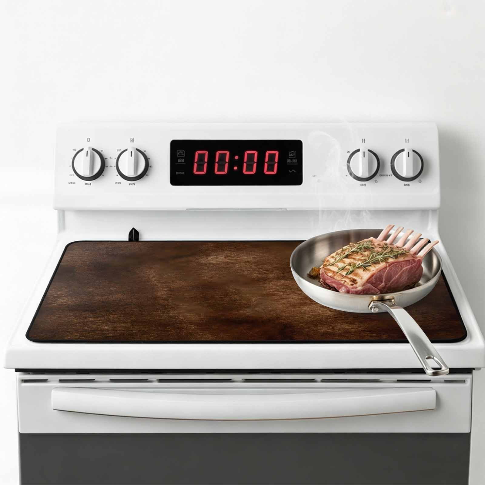 Retro Wooden Board Stove Top Cover for Electric Stove, Heat-proof & Non Slip Glass Top Stove Cover Protector, Western Country Farmhouse Brown Wood Kitchen Flat Cooktop Rubber Mat 24x21 Inches