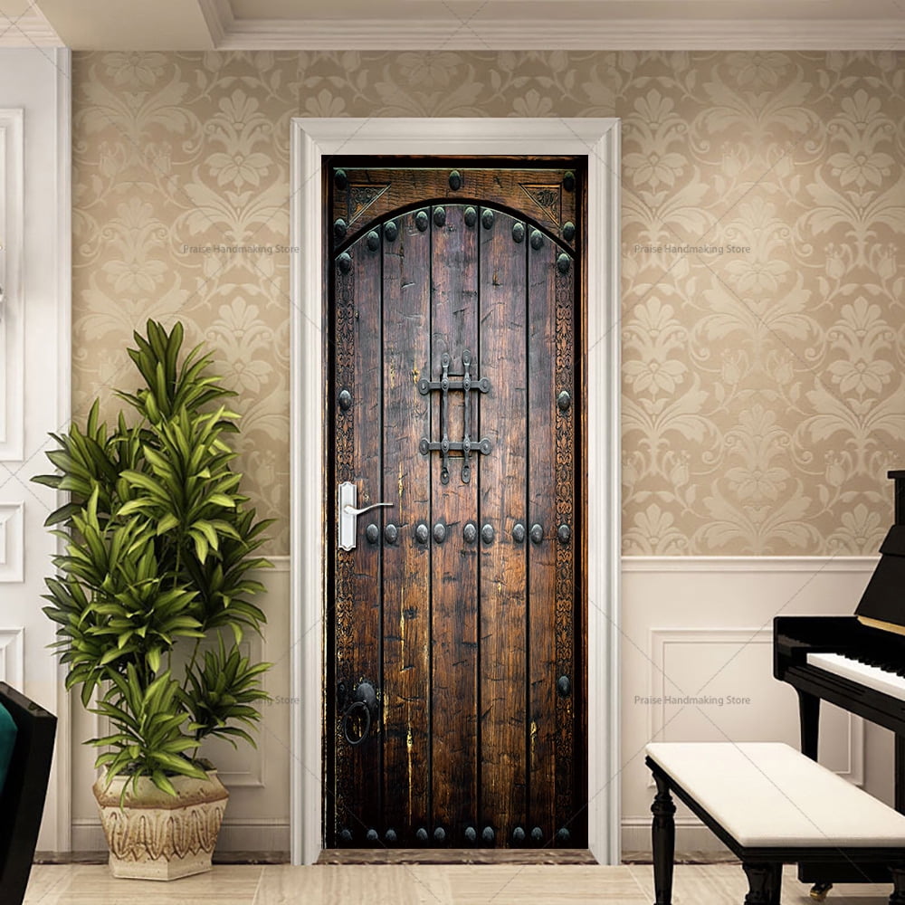 Retro Wooden Door Simulation Door Stickers Bedroom Sliding Door ...