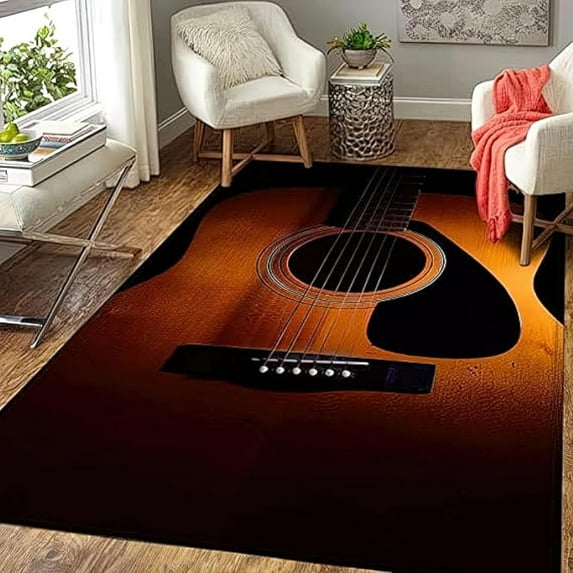Retro Wooden Guitar Area Rug, Music Lover Black Soft Washable Rug, Anti-Slip Backing Decorative Rug For Living Room Bedroom Kitchen Dining Room Home Rug Laundry Room Rug 2x3ft
