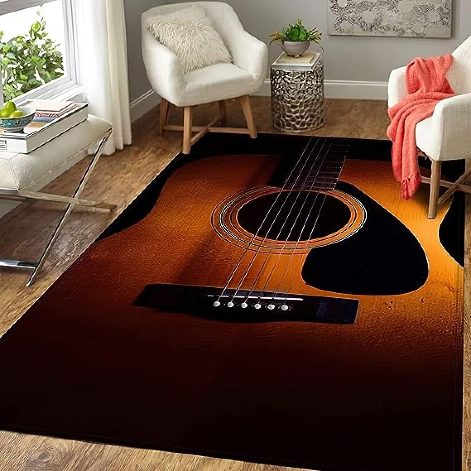 Retro Wooden Guitar Large Area Rugs, Music Lover Runner Rug, NonSlip