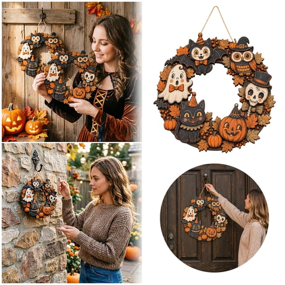 Retro Wooden Halloween Wreath Door Hanger - 2D Flat Pumpkin Owl Decorative Wall Hanging - Home Decor for Front Door Porch Wall (Size 7.87x7.87 Inches)