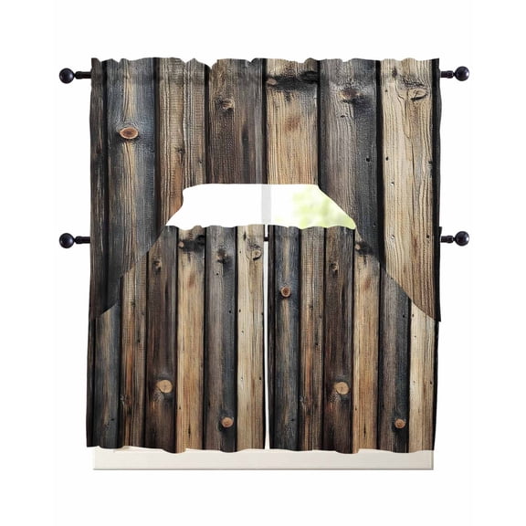 Retro Wooden Kitchen Curtains Sets 24 Inch Length with Valance, Modernism Vintage Black Brown Swag Valances and Tiers Curtain Set Drapes Swag Curtains for Living Room, Bathroom, Bedroom, Cafe