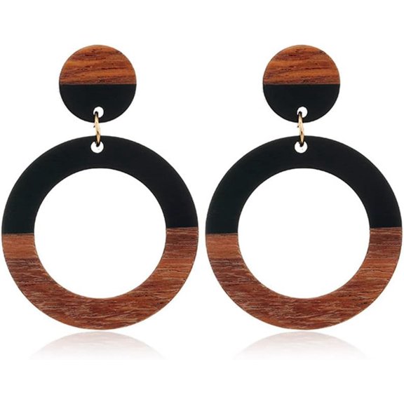 Retro Wooden Resin Geometric Bar Drop Dangle Earrings Two Tone Handmade Natural Wood for Women Lightweight Bohemian Statement Jewelry