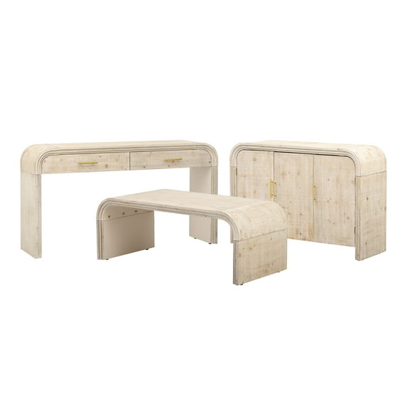 Retro Wooden Silhouette Sectional Three-Piece Set with Curved Art Deco Design, Containing Sideboard, Console Table and Coffee Table, Suitable for Dining Room, Living Room and Entrance, Natural