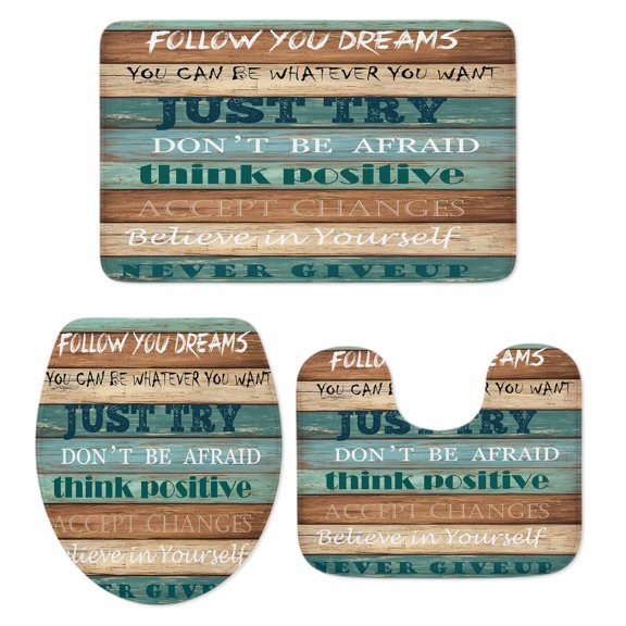 Retro Wooden Striped Bathroom Rugs Set Follow You Dreams Just Try Vintage Non Slip Absorbent Soft Bath Mats 3 Piece Set with Bathroom Rug, U-Shaped Floor Mat, Toilet Seat Cover Small Size