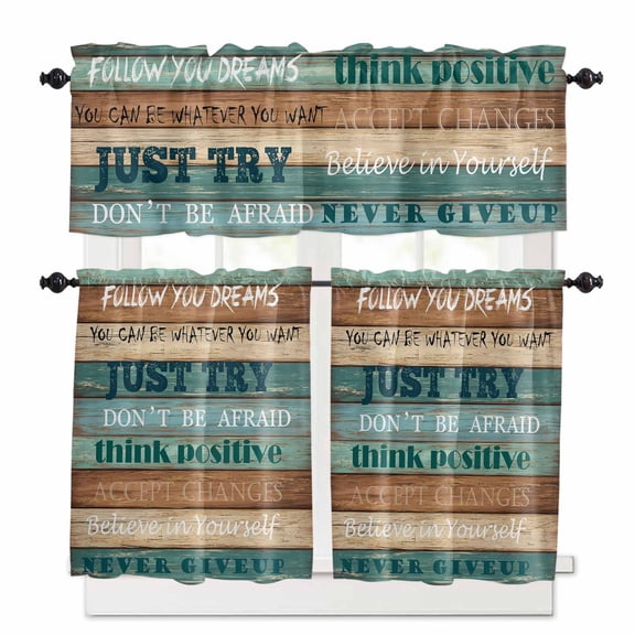 Retro Wooden Striped Kitchen Curtains Valance and Tier Set Follow You Dreams Just Try Vintage Rod Pocket Short Curtains for Small Window 3 Pieces Set for Bedroom Bathroom Cafe (54" x 18"+27" x 24")