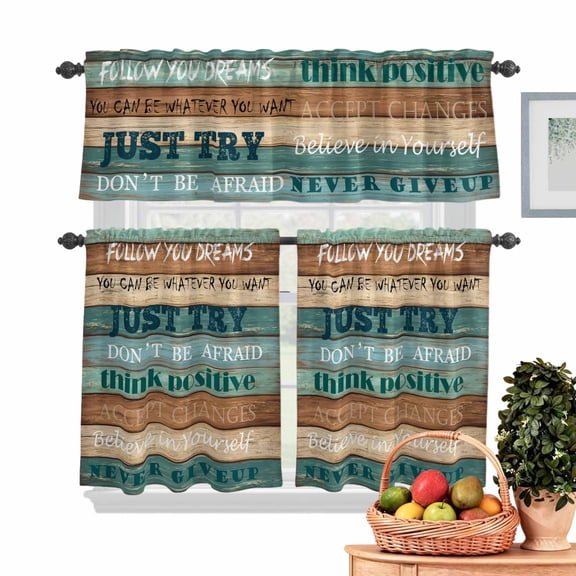 Retro Wooden Striped Kitchen Curtains Valances 3 Piece Set, Follow You Dreams Just Try Vintage Rod Pocket Tier Curtain and Valance Drapes for Small Window 24 Inch Length for Bedroom Cafe