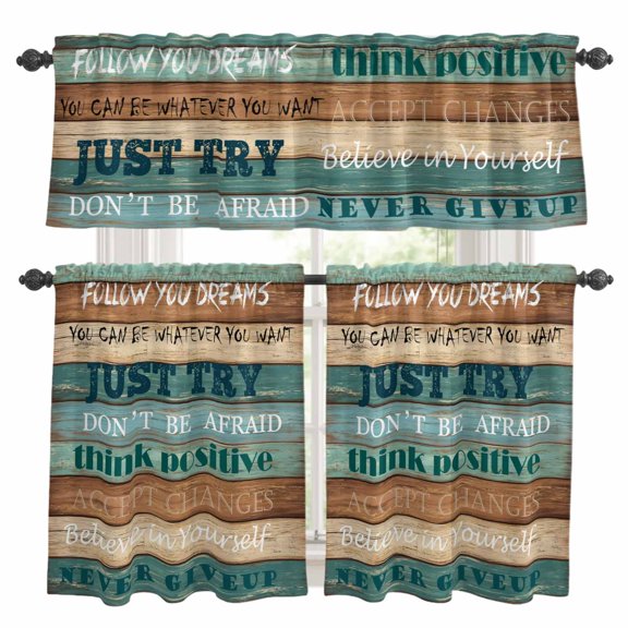 Retro Wooden Striped Kitchen Curtains Valances and Tiers Set of 3 Follow You Dreams Just Try Vintage Tier Curtains and Valance with Rod Pocket for Small Windows, 27.5"x24"