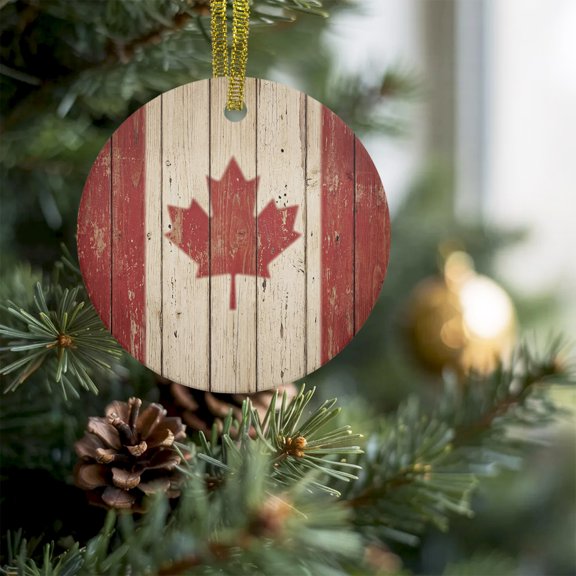 Retro Wooden Stripes Maple Leafs Christmas Ceramic Ornament 2026,3" Round Xmas Tree Hanging Accessories with Gold Ribbon,Country Red Brown Plank Pendant Ornaments for Holiday Gift Home Party Decor