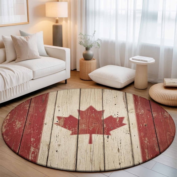 Retro Wooden Stripes Maple Leafs Round Area Rug 5ft,Living Room Rug Non-Slip Washable Circle Rugs Pad,Country Red Brown Plank Soft Floor Carpet for Bedroom Dining Room