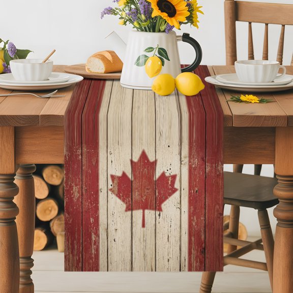 Retro Wooden Stripes Maple Leafs Table Runner 36 Inches Long, Country Red Brown Plank Table Runners Tabletop Scarf Kitchen Dining Tables Decoration for Home Party Indoor Outdoor