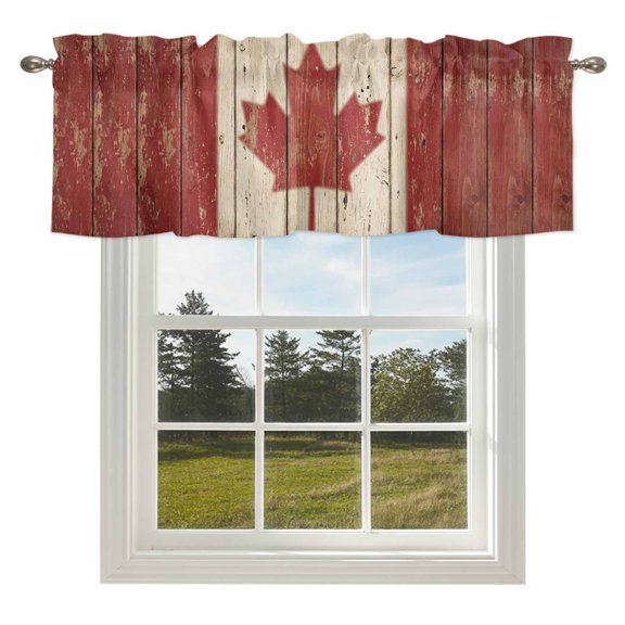 Retro Wooden Stripes Maple Leafs Valances for Windows Country Red Brown Plank Rod Pocket Curtain Valance Window Treatment Short Curtains for Kitchen Living Room,54x18in