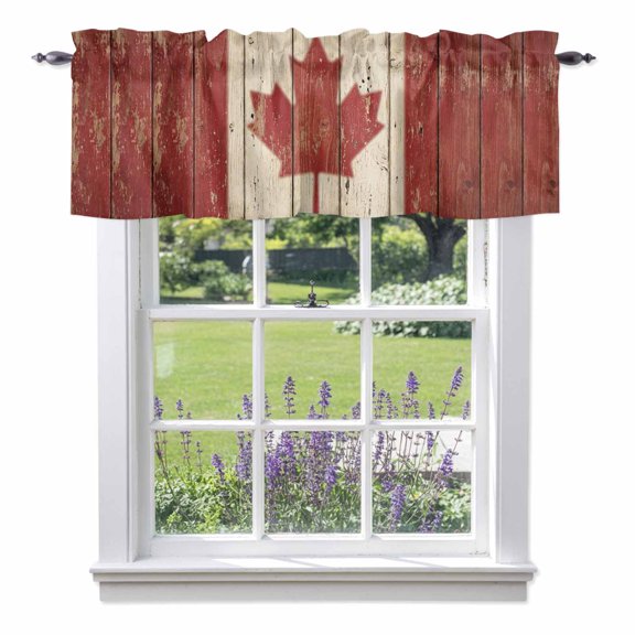 Retro Wooden Stripes Maple Leafs Valances for Windows,Kitchen Valance Rod Pocket Short Curtain, Country Red Brown Plank Valance Curtain Window Valances for Bedroom Bathroom Living Room 42x12in