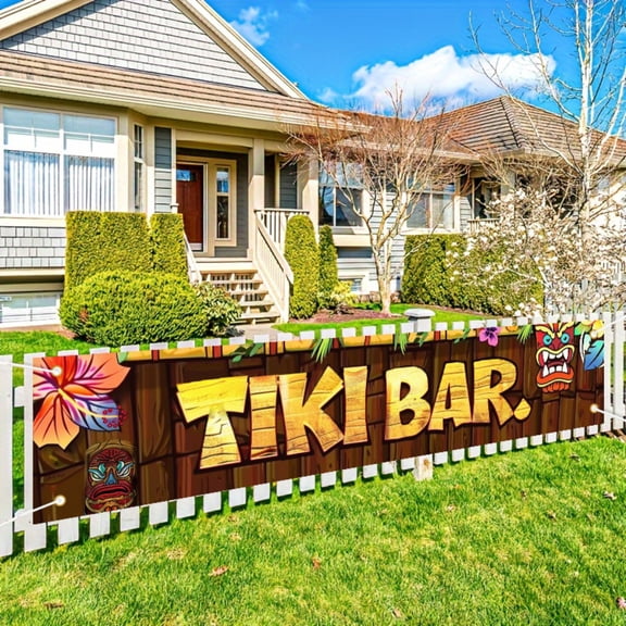 [Retro Wooden Tiki Bar Banner] Polyester Retro Wooden style Tiki bar banner 1 piece, 2D/flat, size: 78 x 18 inches, no power required, perfect for tropical theme parties, bar decoration, terraces and