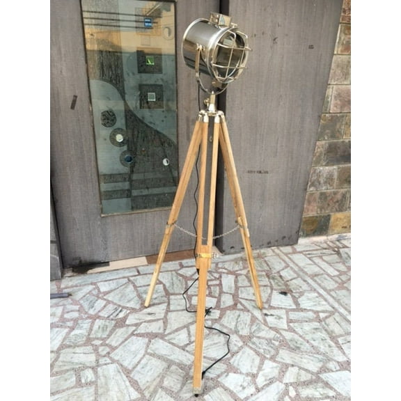 Retro Wooden Tripod Studio Floor Lamp Marine Flap Searchlight Chrome Nickel Retro Spotlight Floor Lamp