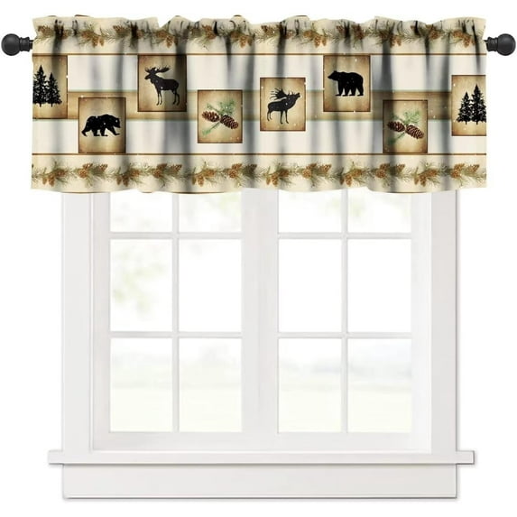 Retro Woodland Valance,Cabin Rustic Lodge Brown Green Pinecone Print Blackout Curtain Valance,Vintage Bear Deer Short Topper Curtain for Bedroom Living Room Kitchen,54x18in