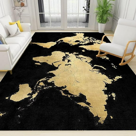 Retro World Map Area Rugs, Black Gold World Map Soft Washable Carpet, Upholstery Rug With Non-Slip Backing For Kids Boys Girls Bedroom Living Room Dining Room Study 5 x 7ft
