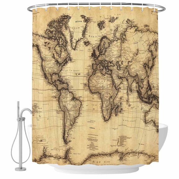 Retro World Map Fabric Shower Curtain South America Pacific Washable Shower Curtains for Bathroom, Waterproof Bath Curtain with Hooks Home Decor 36x72in