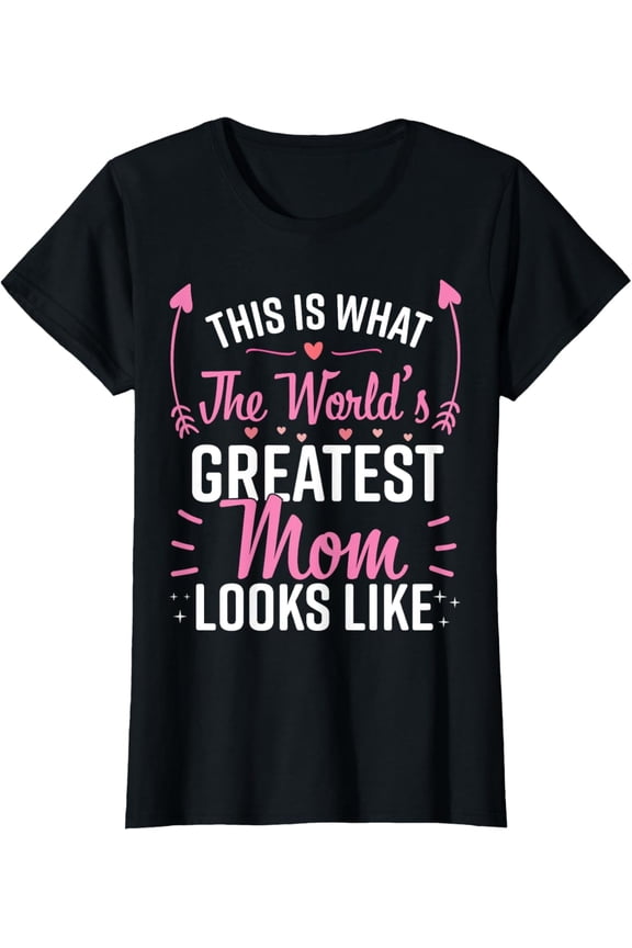 Retro World's Greatest Mom Graphic T-Shirt Funny Mother's Day Gift for Women Cute Pink Heart Apparel