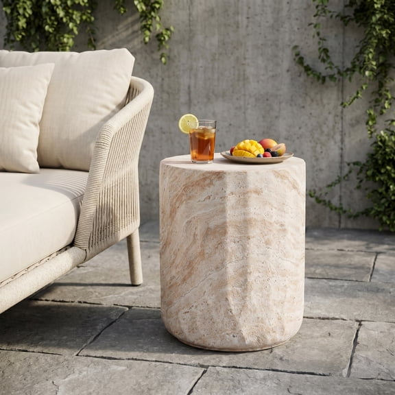 Retro Woven Rope MGO Round Side Table, Fan Base Light Gray & Brown Indoor Outdoor Accent End Table for Living Room Patio Balcony