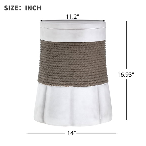 Retro Woven Rope Side Table for Small Spaces - MGO Outdoor End Table with Fan Base, Light Gray & Brown, 14x14x16.93 Inch