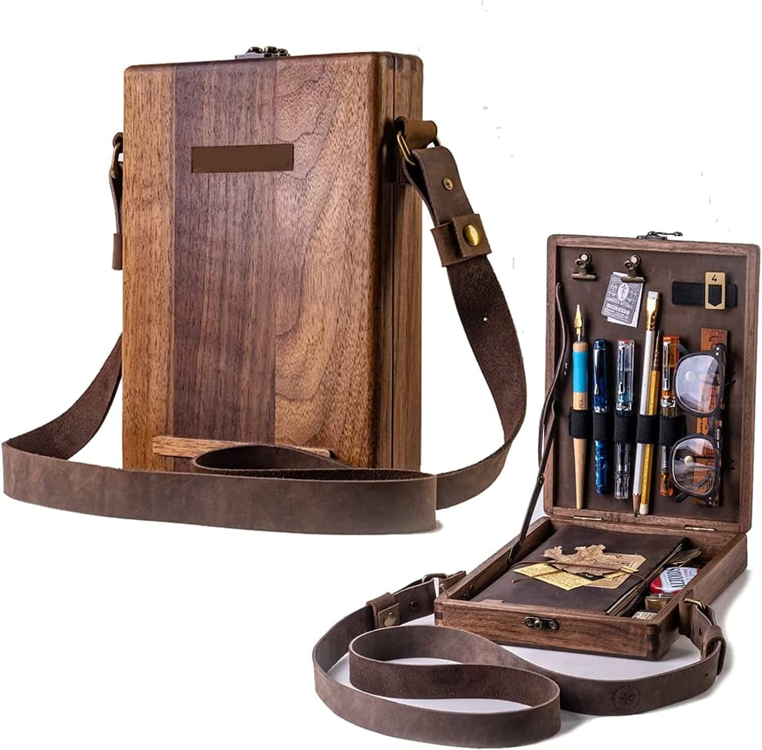  GOUXTD 2022 Writers messenger wood box multifunctional artist  tool and brush storage walnut wooden bag, storage box shoulder bag with  hinged lid and latch for sketchers and writers (A: brown) 