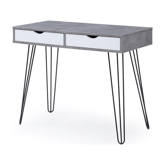 Retro Writing Desk with Drawers, Solid Hardwood Frame Computer Desk, Black Marble Grain Finish with Bent Metal Legs for Home Office, Bedroom, Dorm & Study