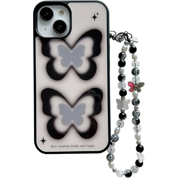 Retro Y2K Black Butterfly Phone Case Compatible with iPhone 15 Pro with Beaded Chain Charm,Cute Aesthetic INS Design Girly Slim Glossy Shockproof Cover for iPhone 15pro 6.1"
