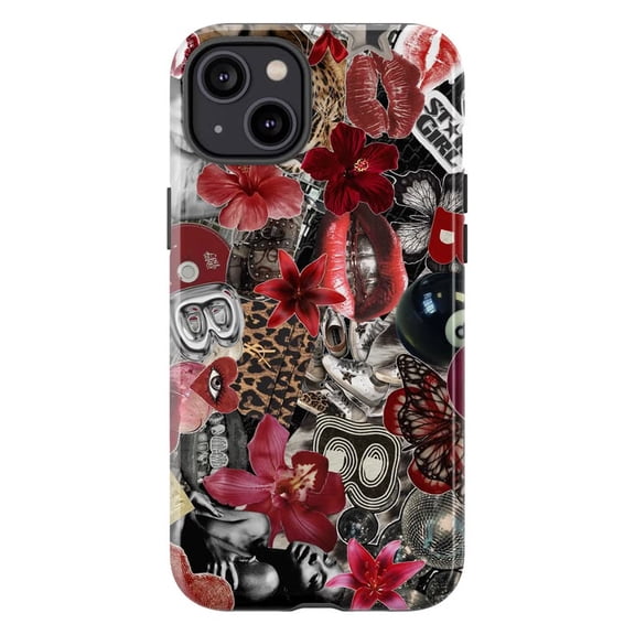 Retro Y2K Cherry and Lips Collage Phone Case with Butterflies and Flowers, Dark Red and Black Artistic Protective Cover for iPhone 17, 16, 15, 14, 13, 12, 11, Pro Max, Plus, Mini