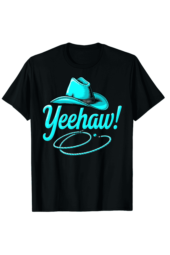Retro Yeehaw Cowboy Hat Graphic Tee - Teal Western Lasso Southern Style Adult T-Shirt