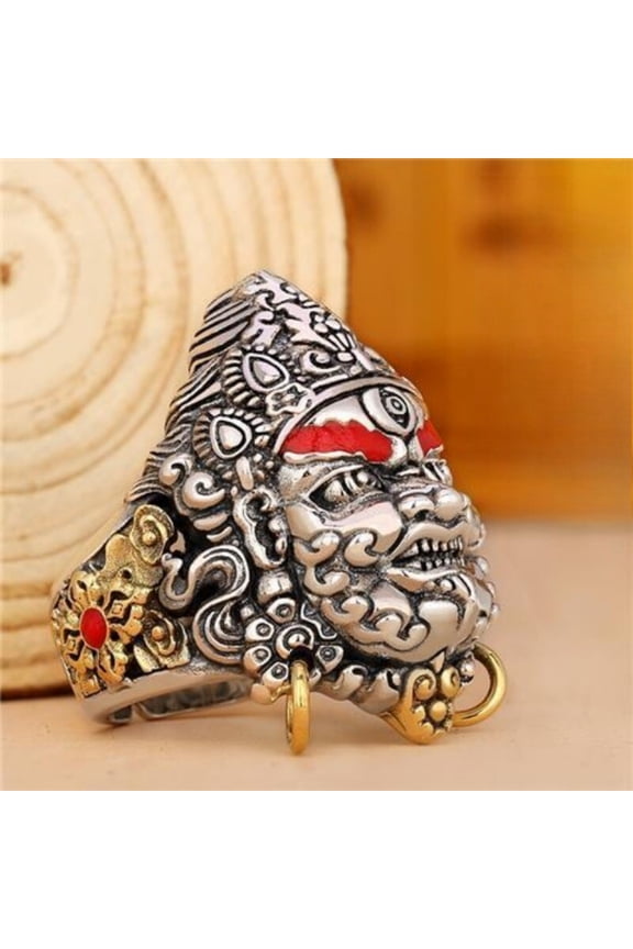 Retro Yellow God of Wealth Ring Adjustable Buddhist Style Open Band Lucky Amulet Jewelry for Men Spiritual Accessory