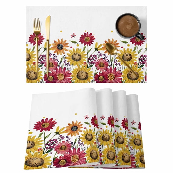 Retro Yellow Placemats Set of 2, Red Daisy Floral Watercolor Plants Farmhouse Non-Slip Place Mats Washable Table Mats for Kitchen Dining Table Decorations Indoor/Outdoor