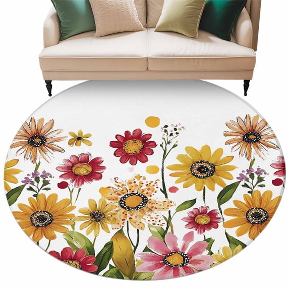 Retro Yellow Round Area Rug 5ft Red Daisy Watercolor Floral Plants Farmhouse Non-Slip Washable Circle Rugs Soft Felt Indoor Floor Mat for Bedroom Kitchen Living Room Bathroom