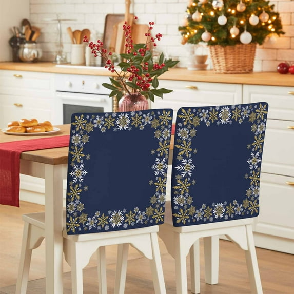 Retro Yellow Snowflake Chair Covers Set of 1 Winter Christmas Navy Background Chair Back Covers Stretch Removable Washable Slipcovers Protector for Dining Room Kitchen Party Decor