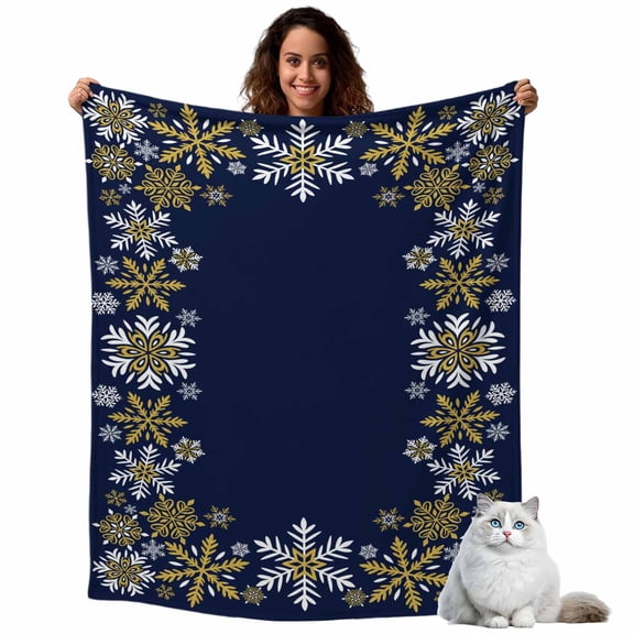 Retro Yellow Snowflake Fleece Throw Blanket Lightweight Winter Christmas Navy Background Fuzzy Flannel Throws Super Soft Cozy Flannel Blanket for Couch, Sofa, Bed, Travel 60"x80"