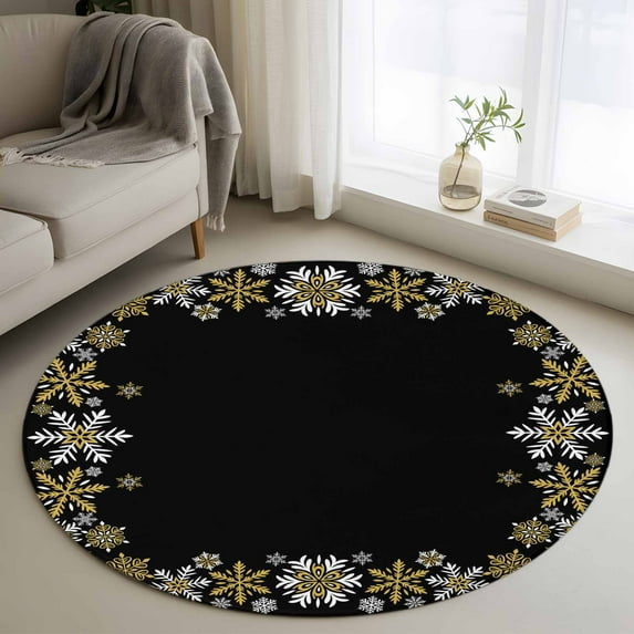 Retro Yellow Snowflake Round Living Room Rugs 3.3 ft, Winter Christmas Black Background Washable Area Rug with Non-Slip Sturdy Edge Binding Round Front Door Mat Floor Carpet for Entryway