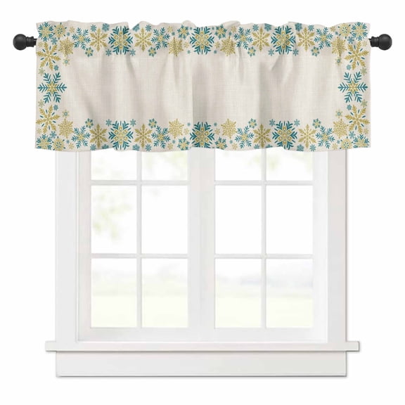 Retro Yellow Snowflake Valances for Windows Winter Christmas Abstract Art Rod Pocket Curtain Valance Window Treatment Short Curtains for Kitchen Living Room, 42"x12"