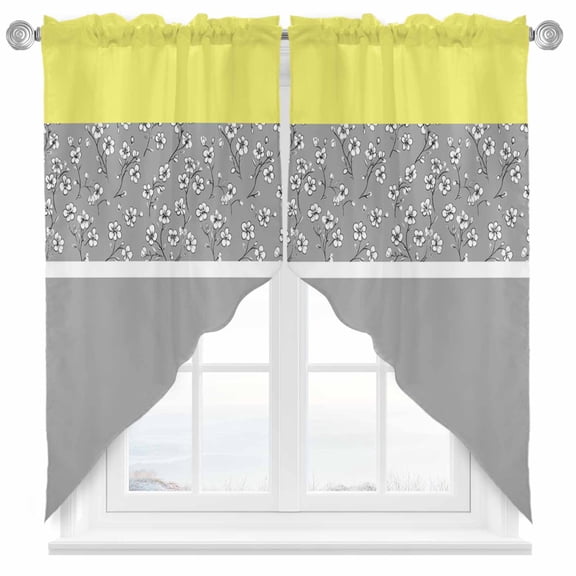 Retro Yellow Swag Kitchen Curtain Valances, Gray Floral Striped Pattern Stitching Art Rod Pocket Curtains Window Treatment Decor Valances for Bedroom Bathroom, 2 Panels 36 x 36 Inch
